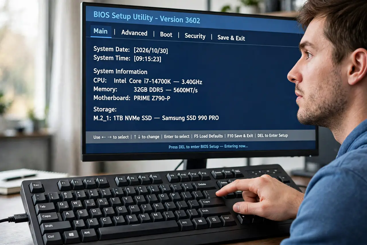 A person performing the first step of the guide: Enter the BIOS.