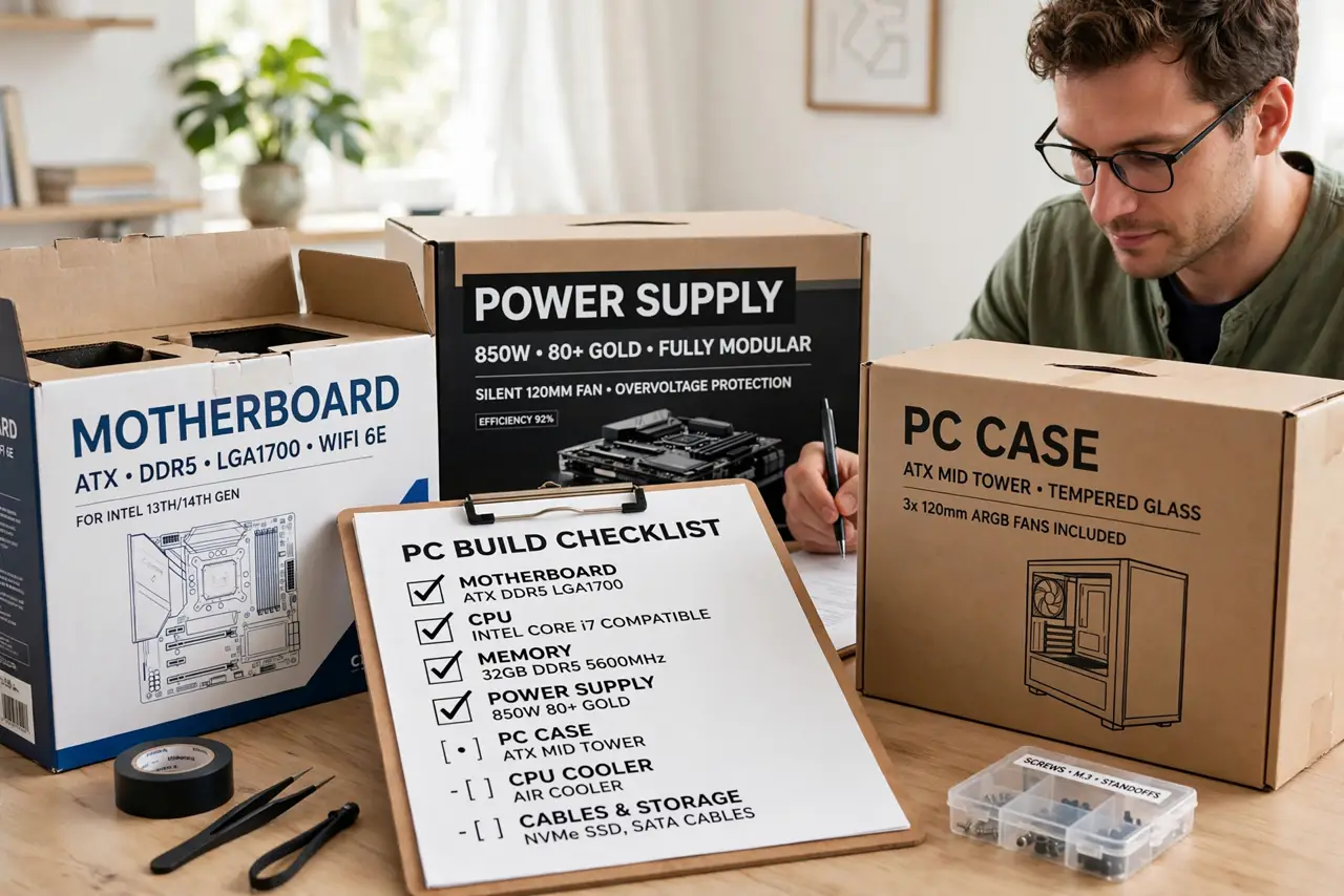 a person at a tidy desk checking off a printed PC parts checklist, boxes of components neatly arranged — motherboard, power supply, case — the person's face organized and confident, bright room.