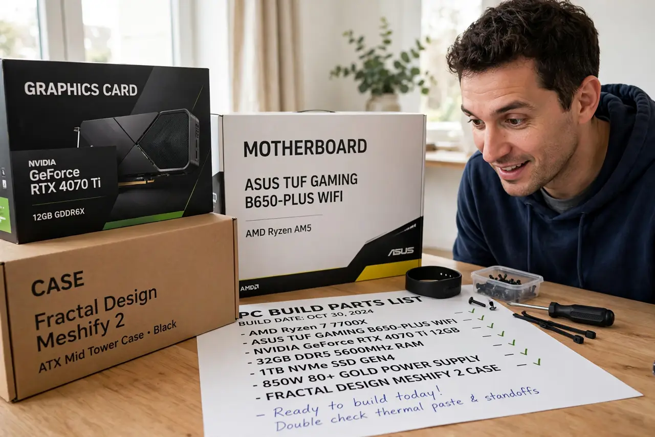 a person at a clean desk with new PC parts in boxes — motherboard box, graphics card box, case — and a printed parts list, the person's face excited but careful, bright room.