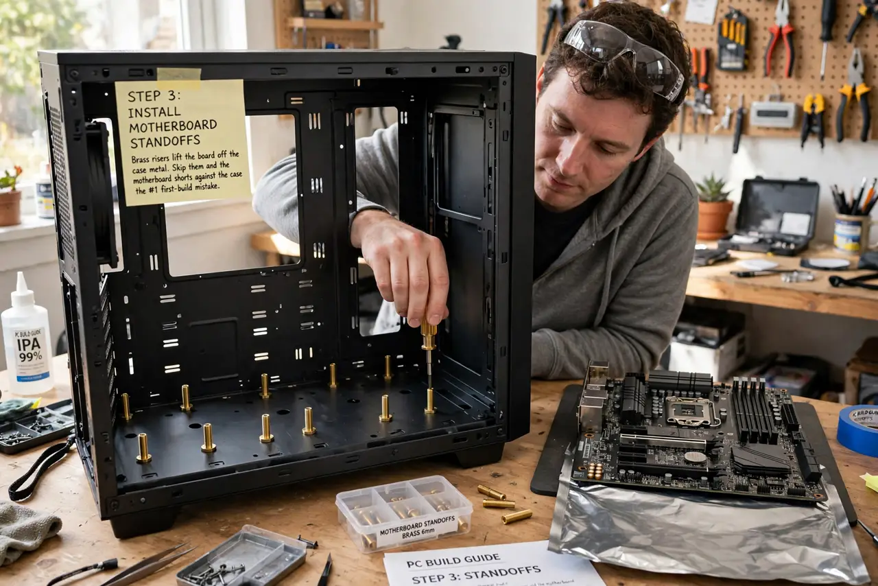 A person performing the first step of the guide: Install the motherboard standoffs.