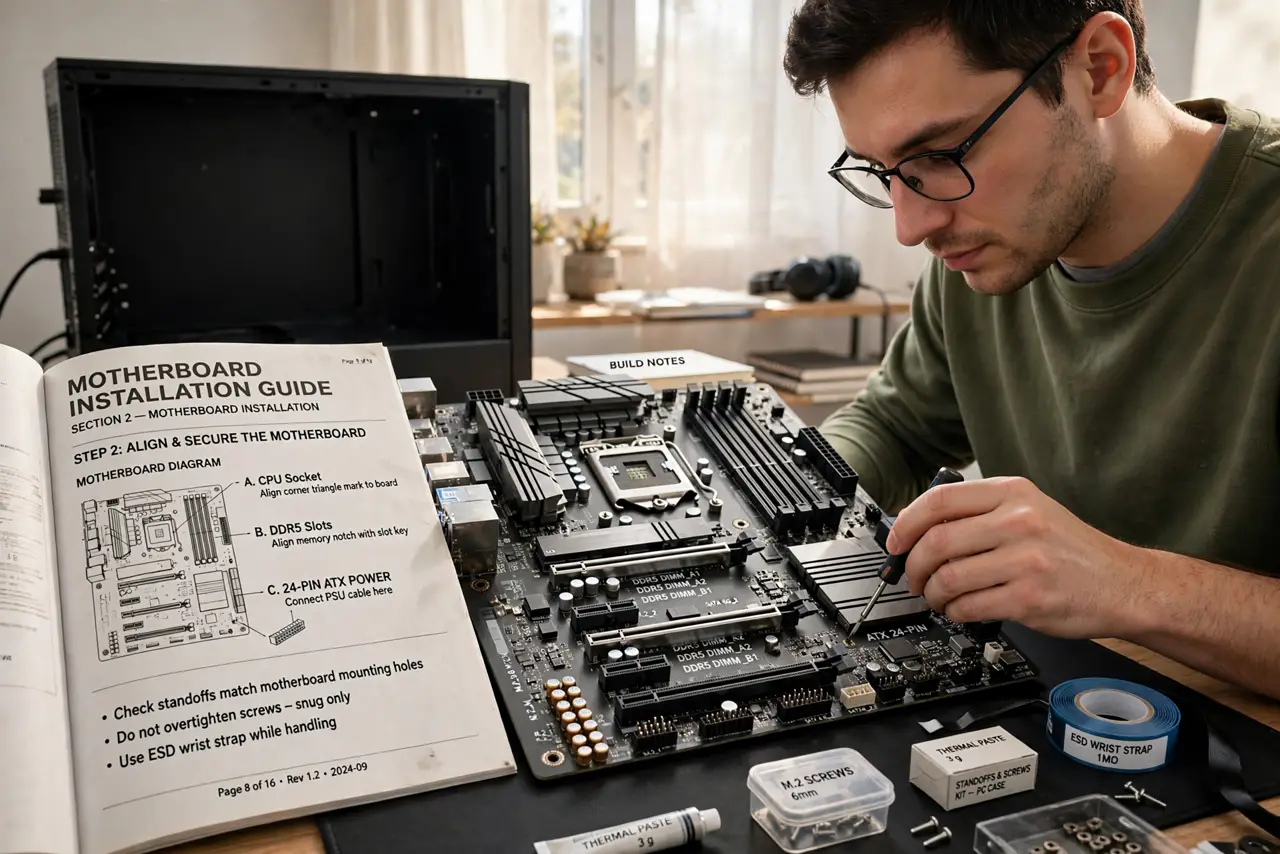 a person building a PC on a desk, looking closely at a motherboard with a manual open beside it showing legible diagrams, the person's face careful and focused, bright room.