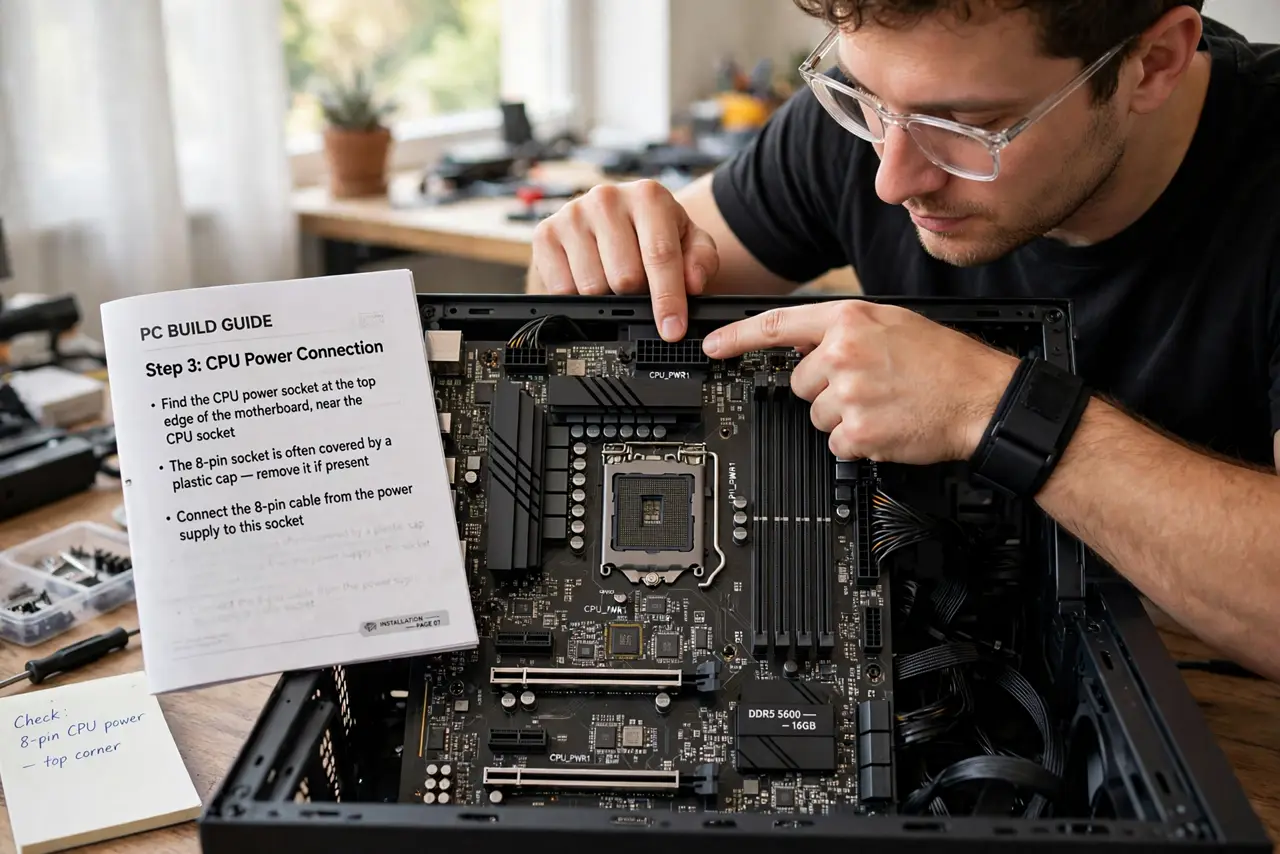 A person performing the first step of the guide: Find the CPU power socket.