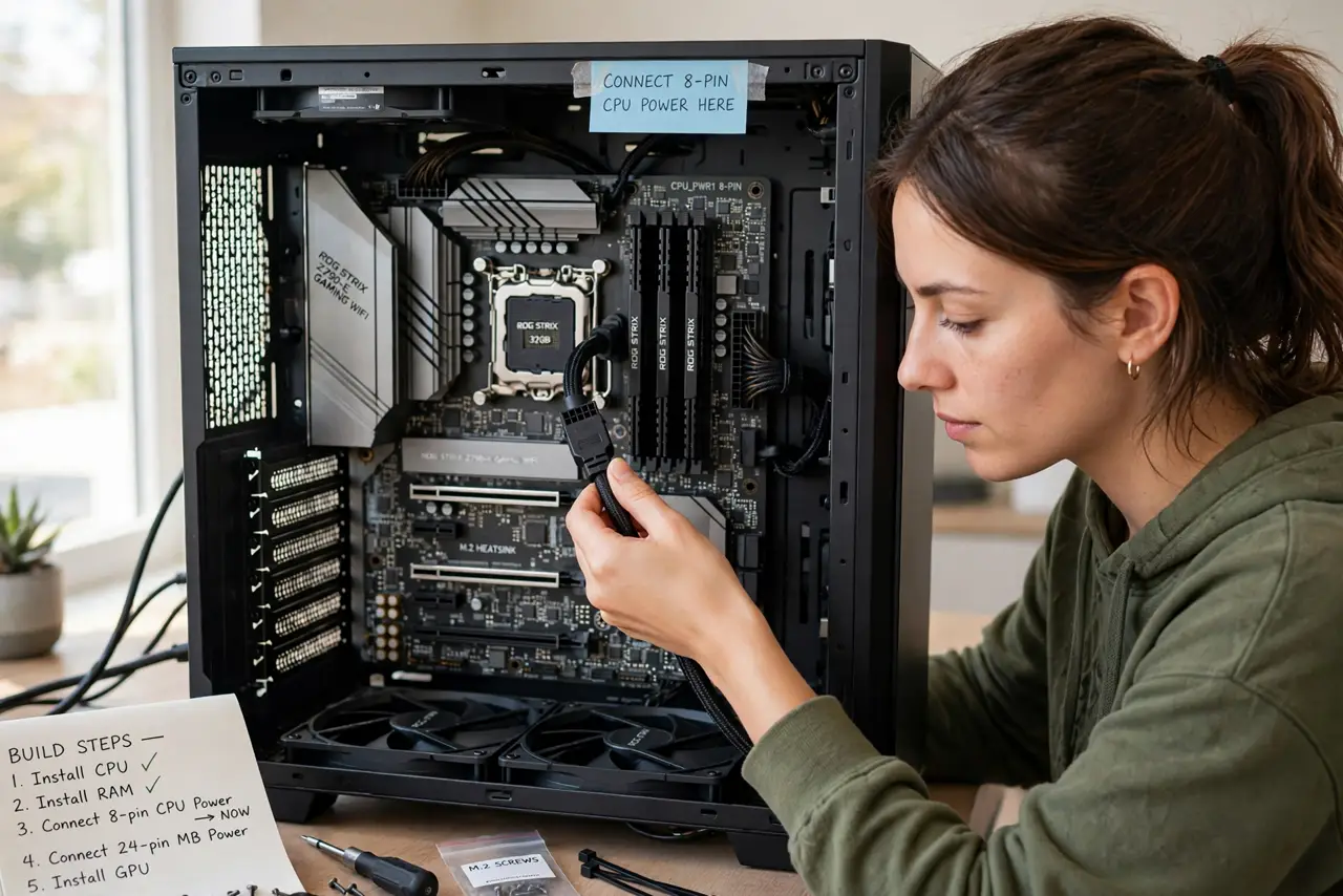 a person plugging a small 8-pin power cable into the top corner of a real motherboard inside an open PC case, the connector clearly visible, the person's face focused, bright room.