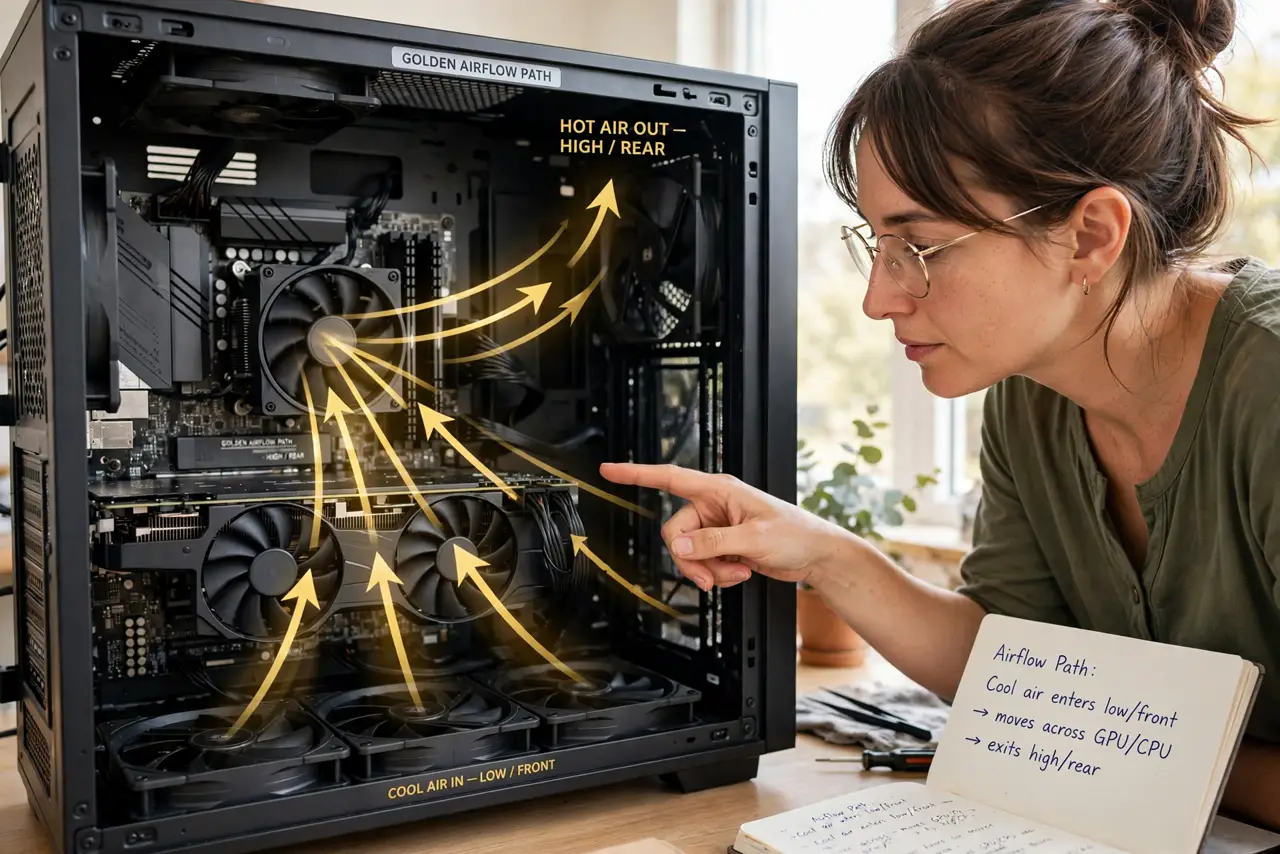 A person performing the first step: Learn the golden path. Cool air enters low and front, flows across components.