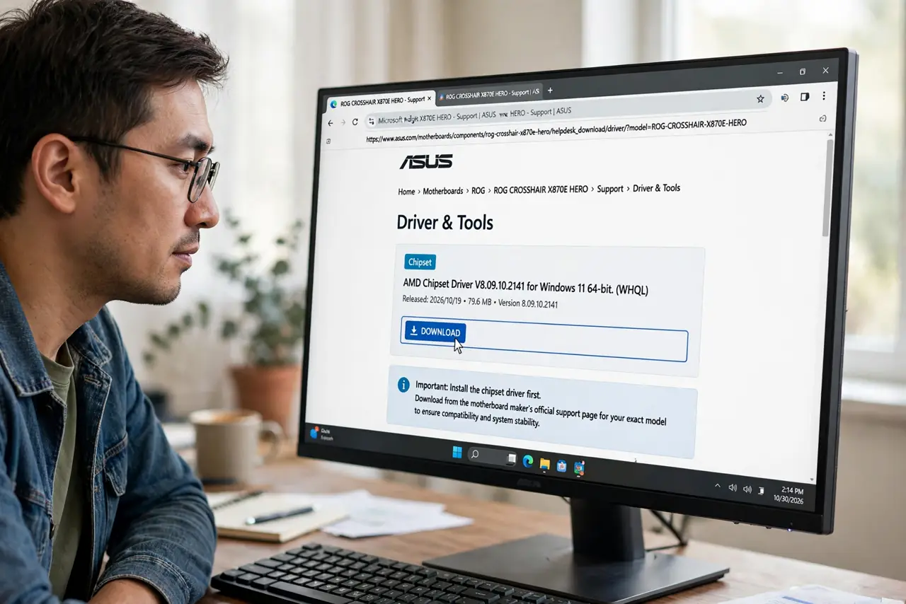 A person performing the first step of the guide: Install the chipset driver first.
