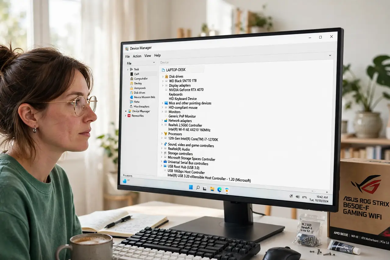 a person viewing Device Manager on a real new PC with legible entries, a motherboard box nearby, the person's face focused, bright room.