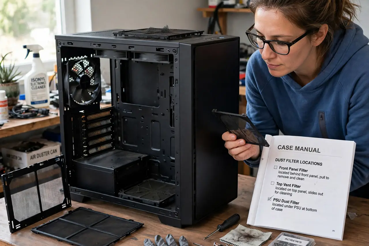 A person performing the first step: Find every filter. Common spots: under the PSU, behind the front panel, and on top.