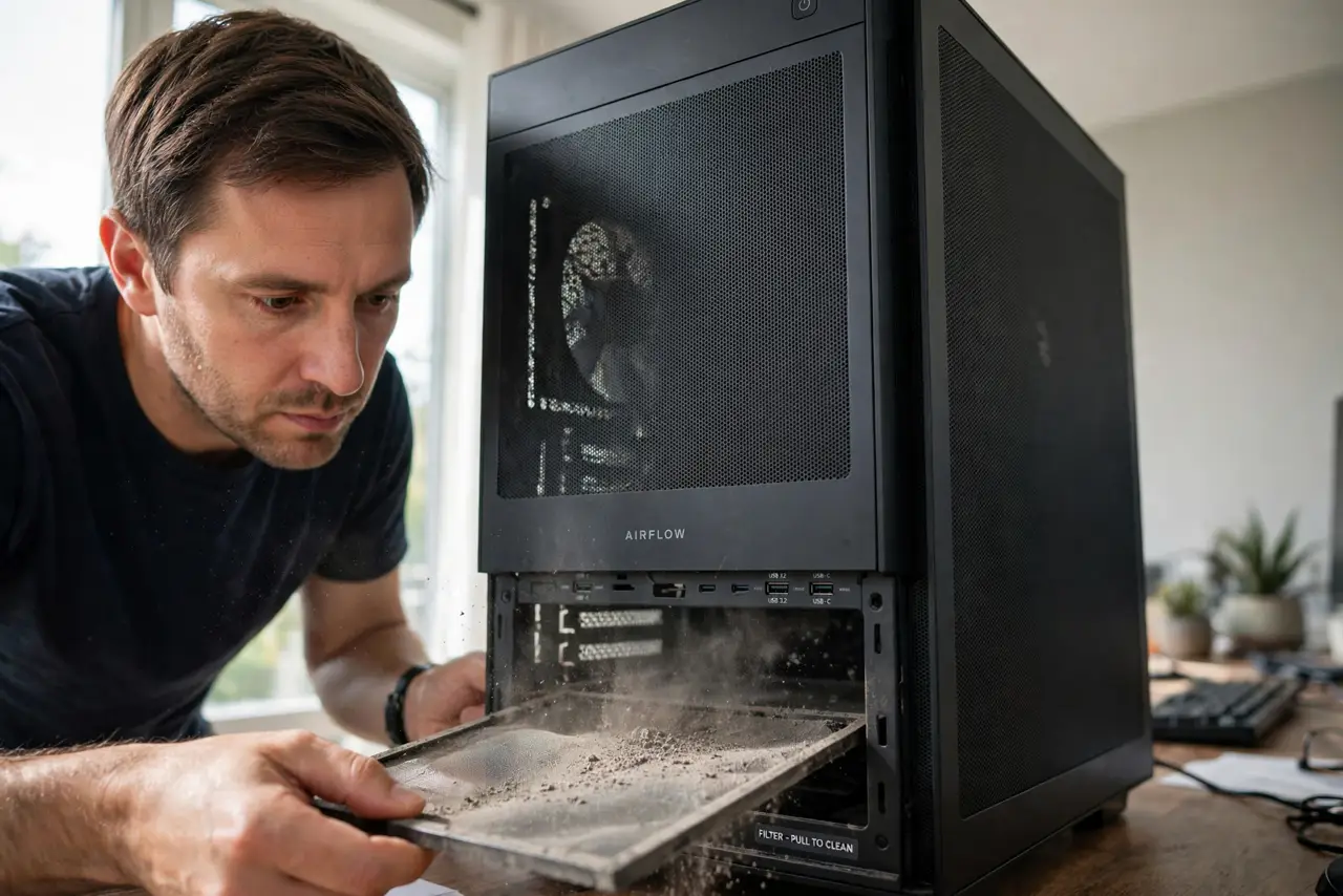 A person sliding a dusty mesh filter out from under a desktop PC case, dust visible on the mesh, the person's face