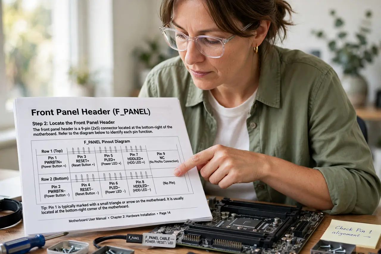 A person performing the first step of the guide: Find the front panel header.