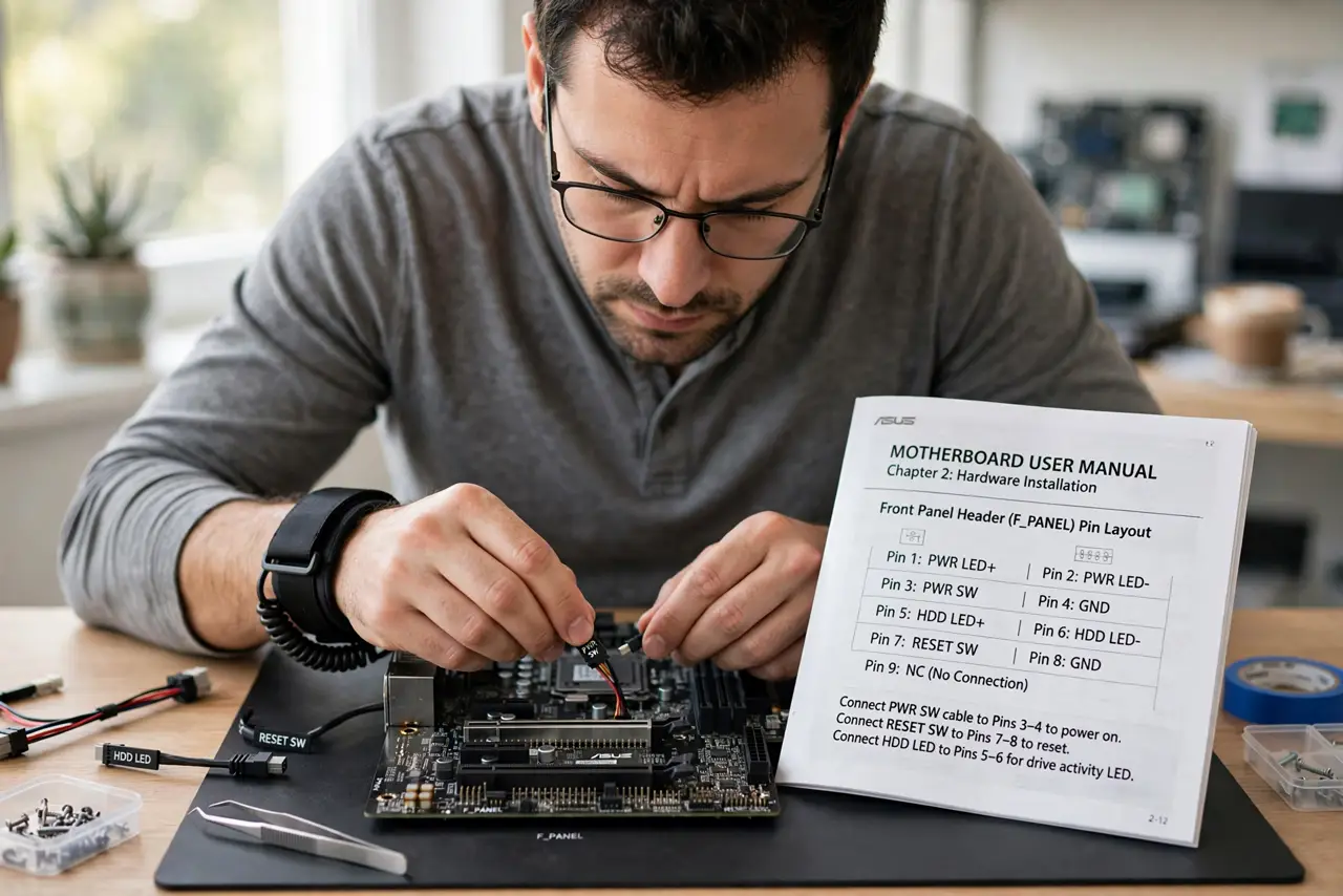 a person carefully connecting tiny front panel cables to motherboard pins, the motherboard manual diagram visible and legible beside, the person's face concentrated, bright desk.