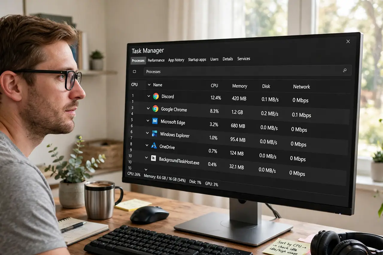 A person performing the first step: Check Task Manager first. Sort by CPU usage. Indexers, updaters, antivirus scans.
