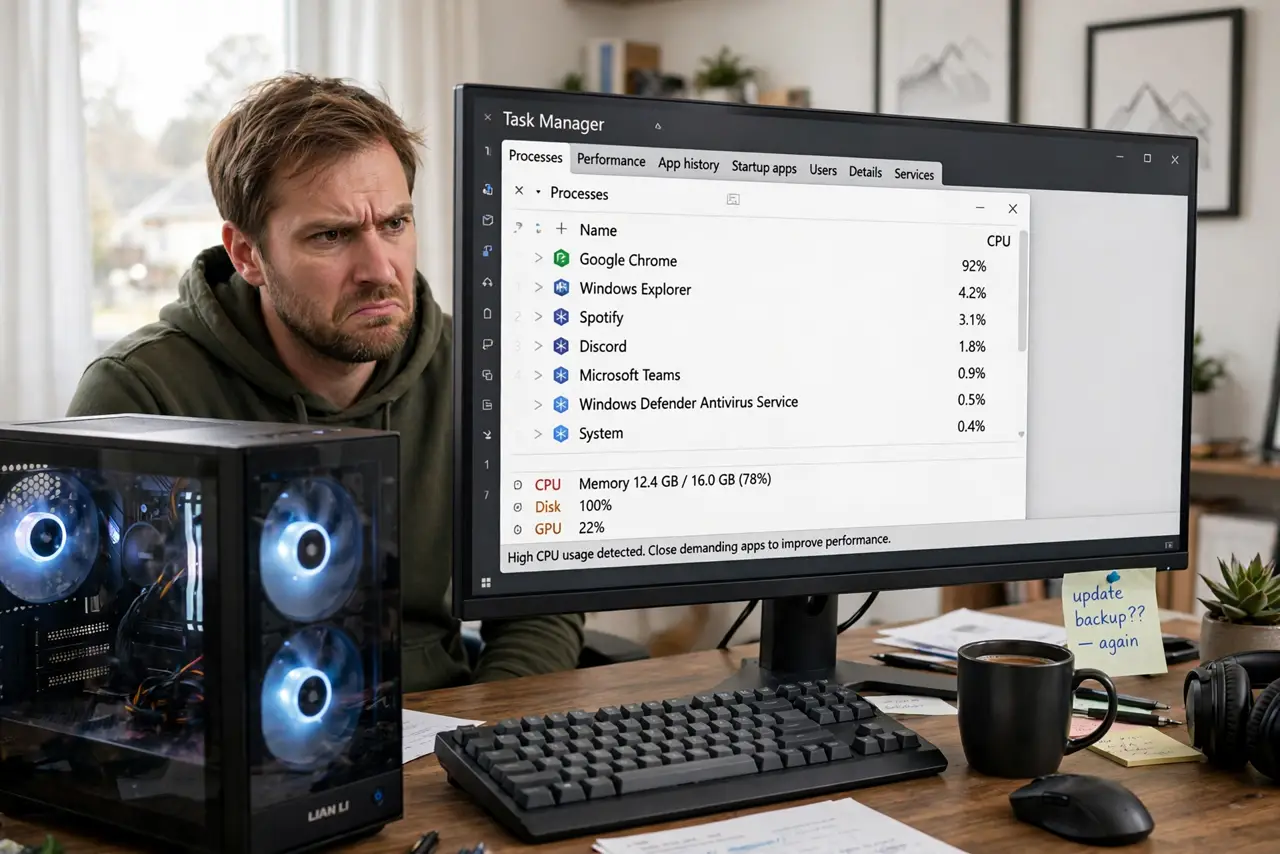 A person sitting at a desk with a desktop PC with audible fans, looking at a real monitor showing Task Manager