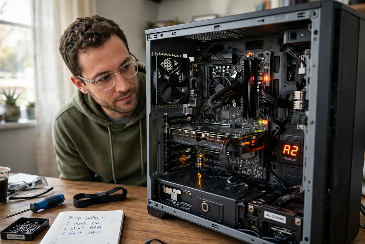 A person performing the first step: Listen and look. Beep codes and debug LEDs are the motherboard talking to you. See.