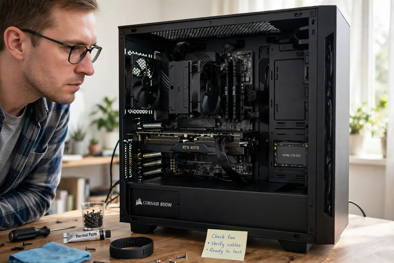 A person looking at a real desktop PC tower with its side panel off on a desk, the person's face focused, components