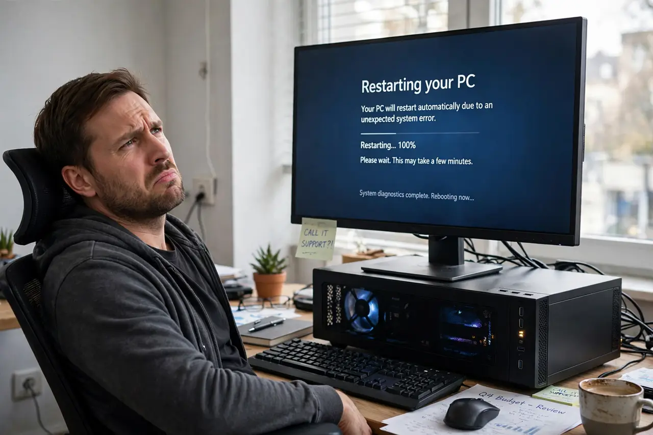 A frustrated adult watching a real desktop PC rebooting on its own, the monitor showing a boot screen with legible text, the person leaning back with a concerned expression.