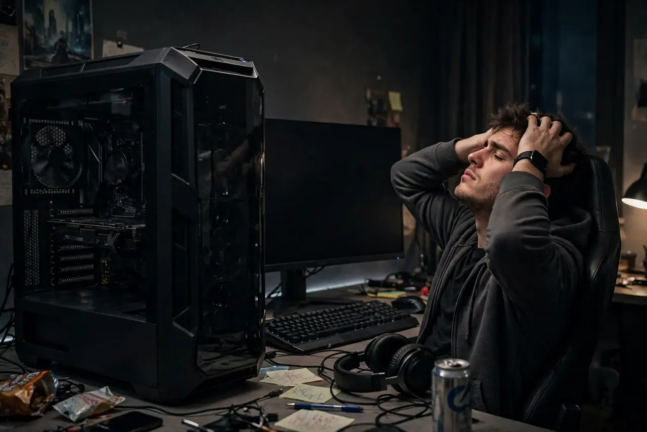 A frustrated gamer at a desk with a real gaming PC that just shut down, the monitor dark, the person leaning back with hands on head.