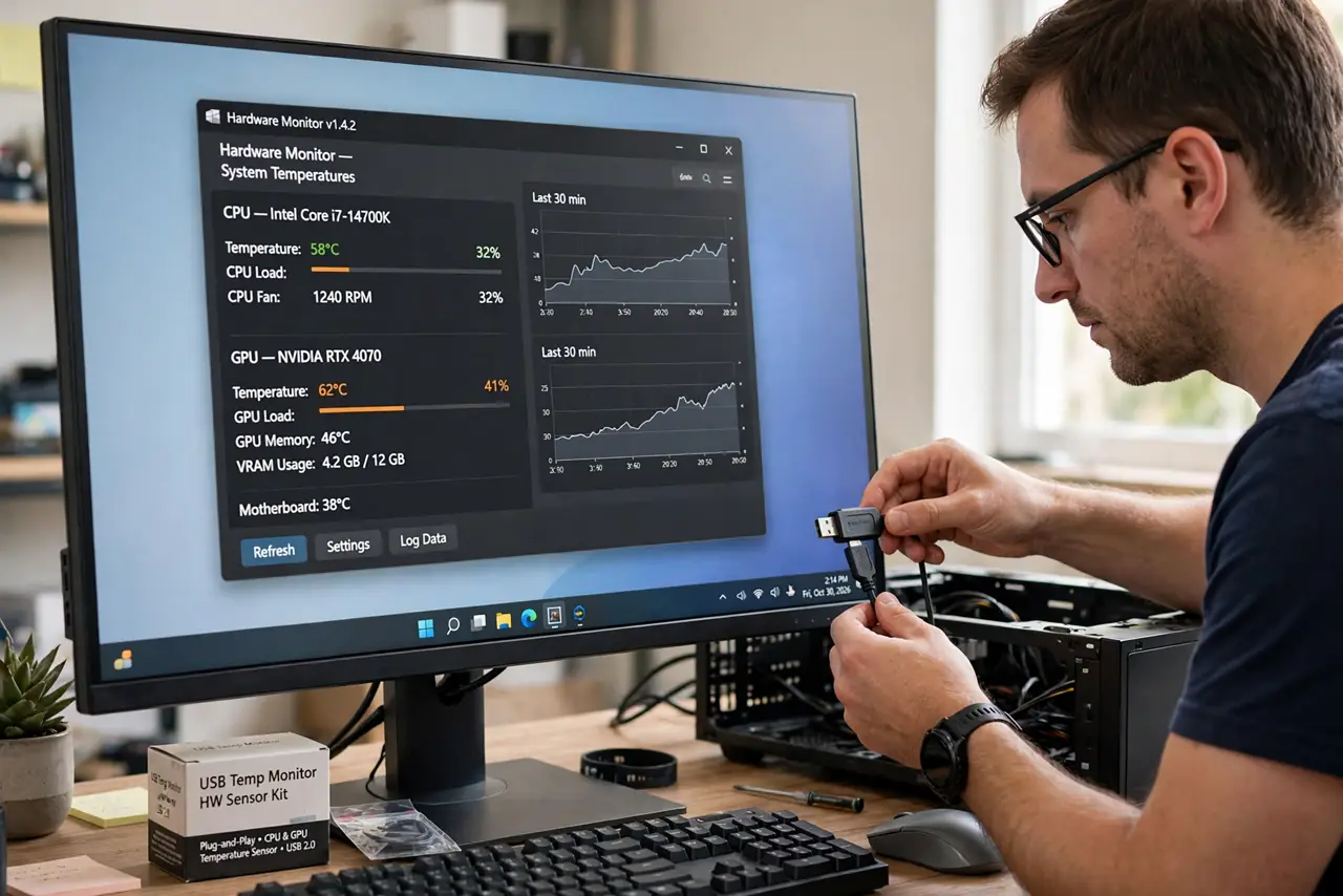 A person performing the first step of the guide: Install a temperature monitor.