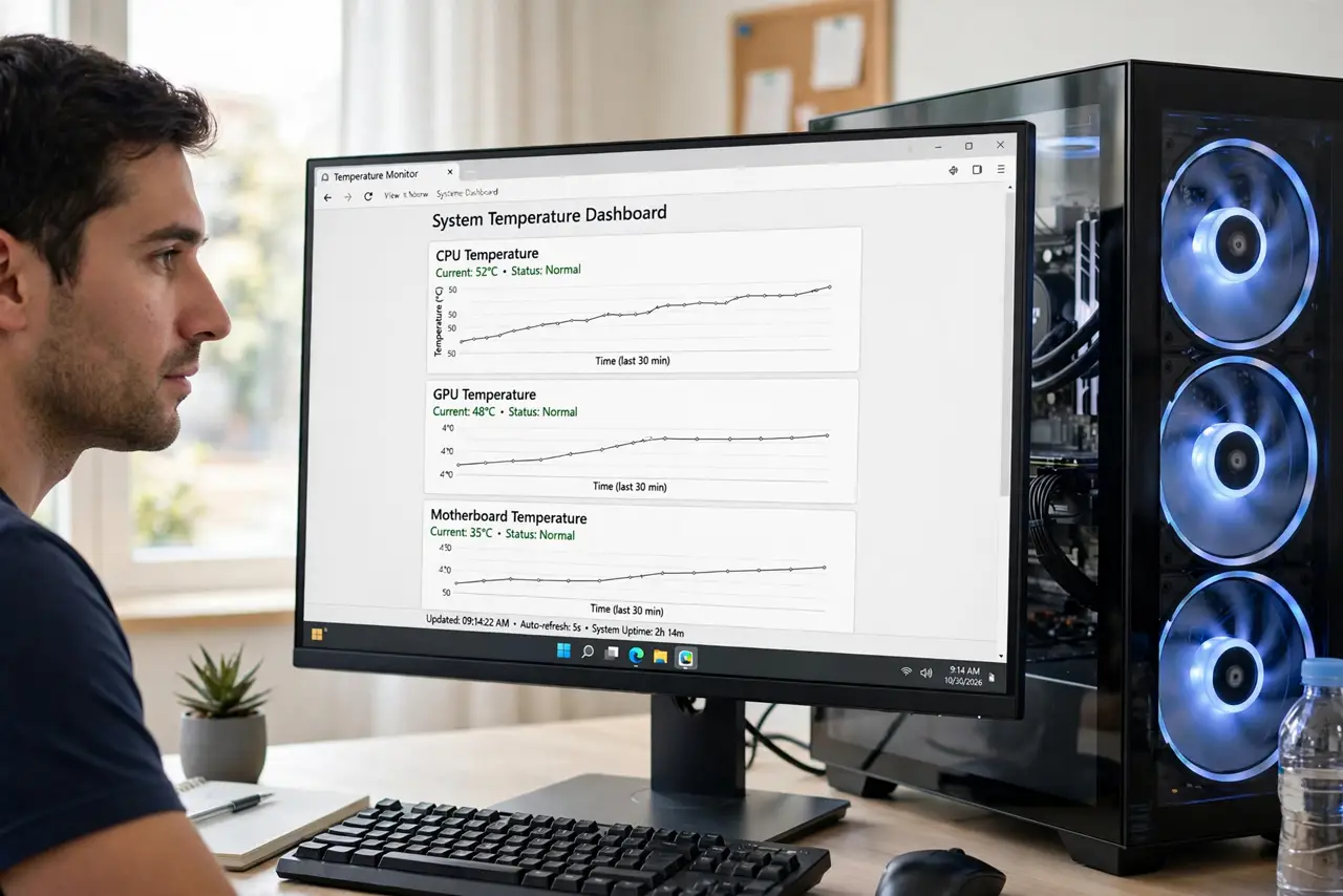 a person monitoring temperature graphs on a real new PC with legible monitoring software, the case fans visible and spinning, the person's face watchful, bright room.