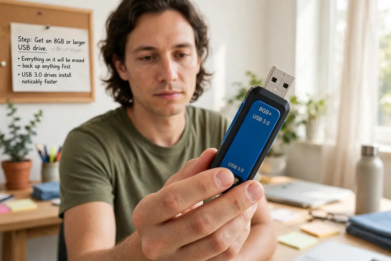 A person performing the first step of the guide: Get an 8GB or larger USB drive.