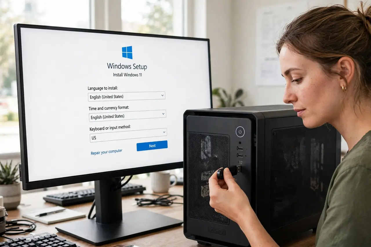 a person inserting a real USB flash drive into a new PC case front port, a monitor showing the Windows installer with legible text, the person's face expectant, bright room.