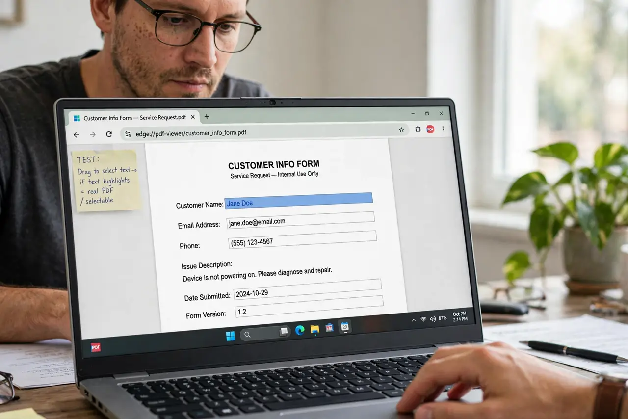 A person performing step 1 of the guide: Test whether the text selects. Drag across the form's text. Selectable text means a real PDF with possible fields; unselectable text...