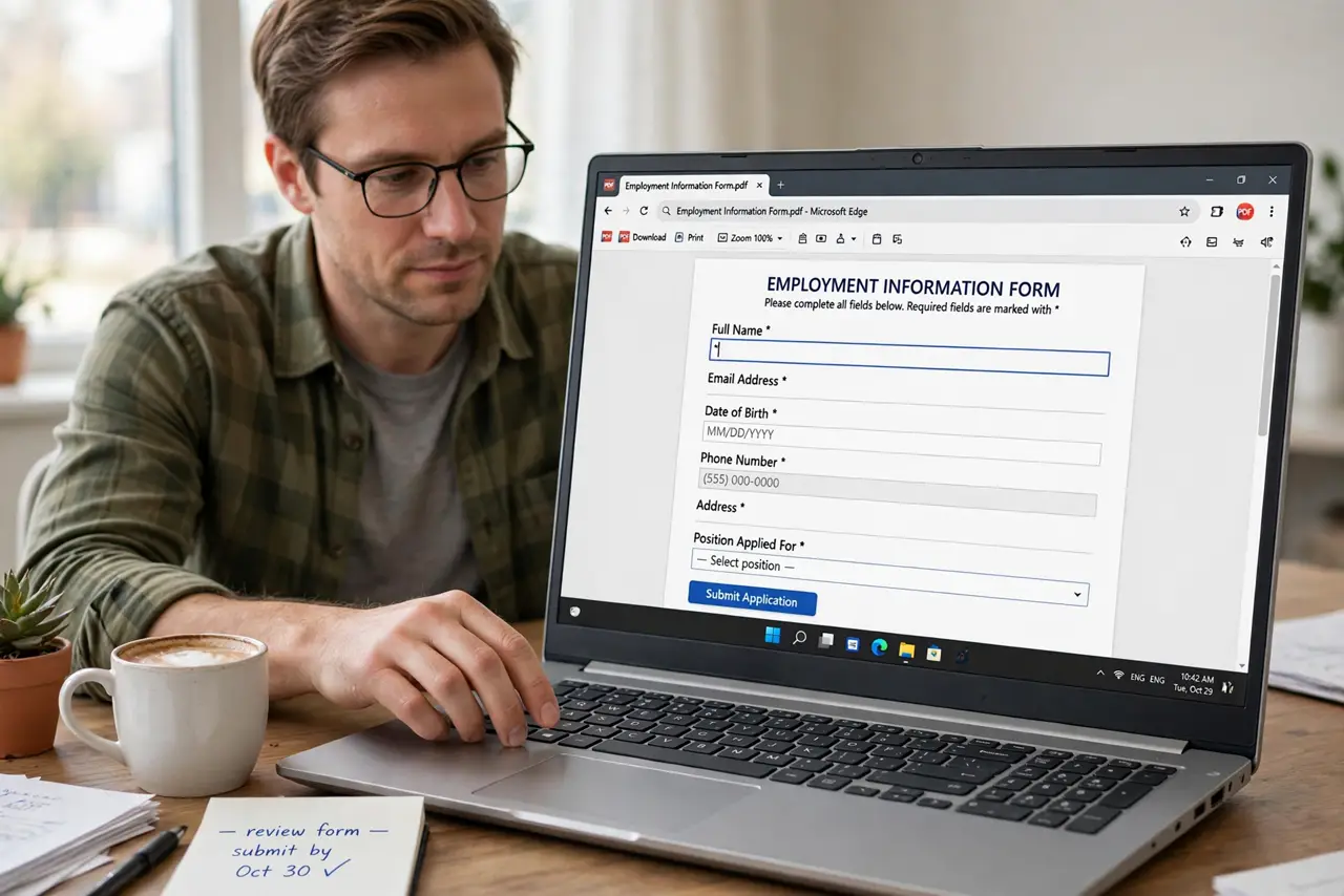 a calm adult at a desk with a real Windows laptop, a PDF form open showing normal fields with legible labels, the person clicking a field with the cursor
