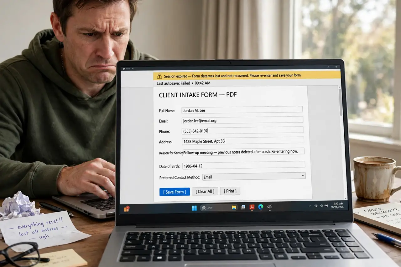 PDF Form Won't Save Your Entries — a frustrated adult refilling a PDF form that lost its entries on a real laptop, the form fields with fully leg