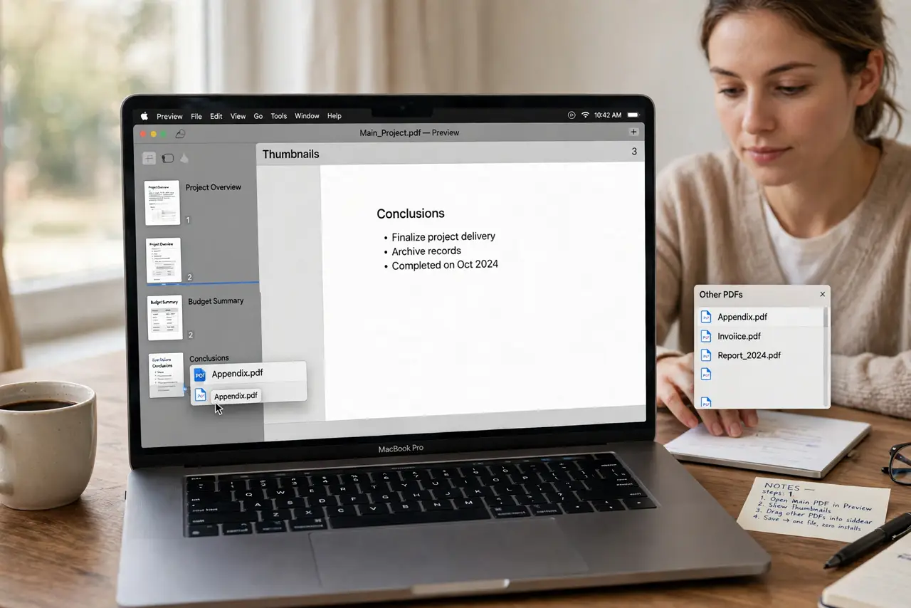 A person performing the first step of the guide: Merge on Mac with Preview.