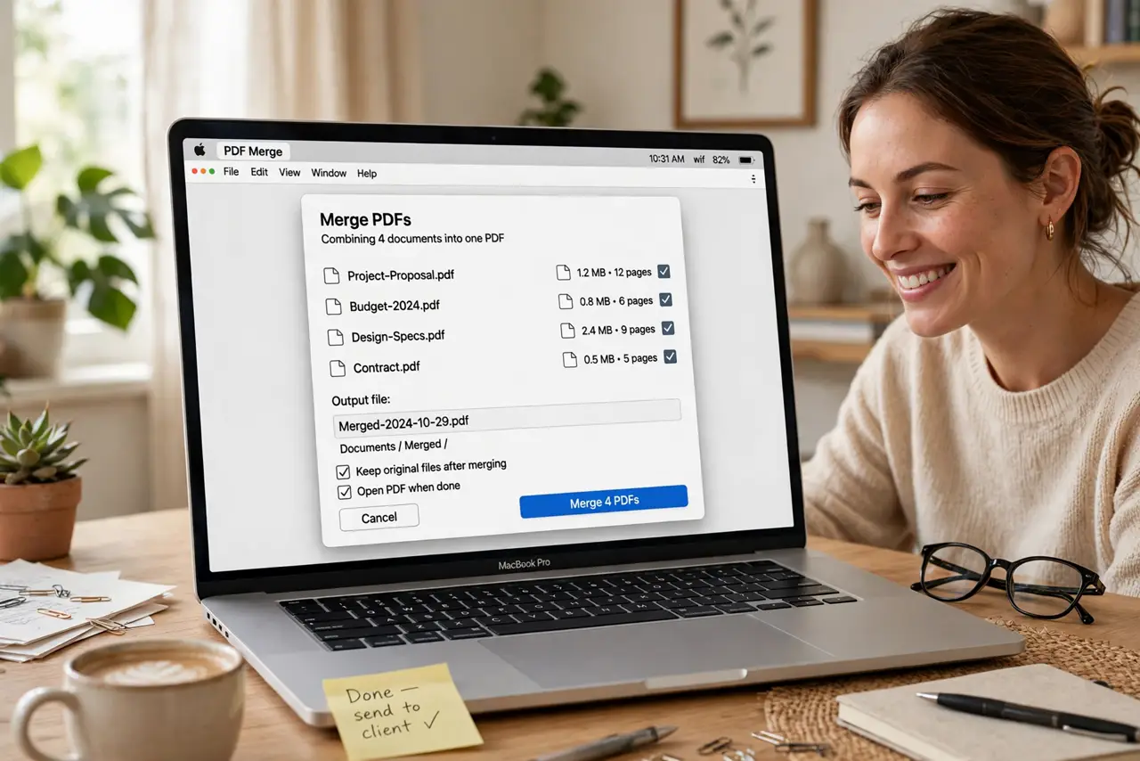 a person at a real desk with a laptop showing a legible PDF merge dialog combining several documents, the person's face satisfied, home office.