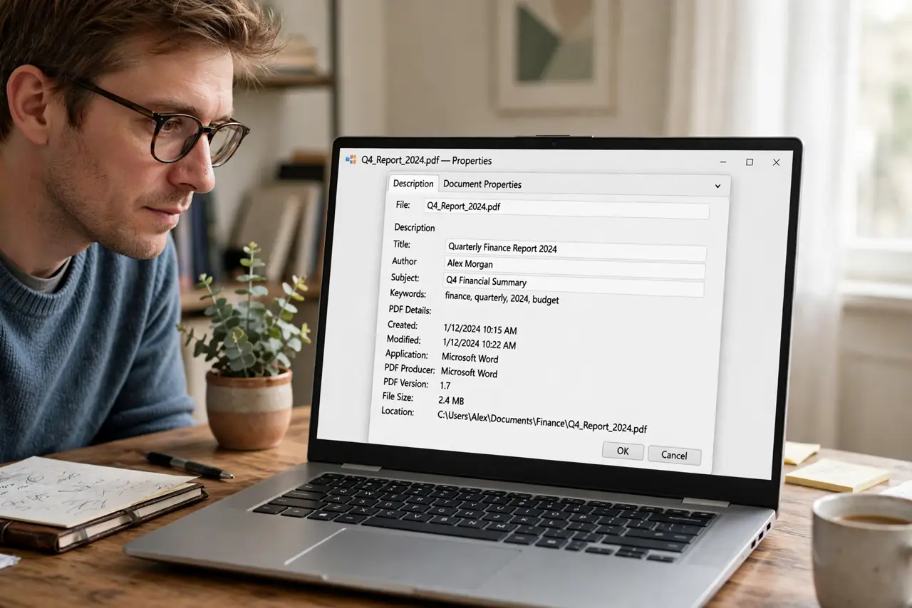 A person looking at a real laptop showing a PDF's document properties dialog with metadata fields legible, the person's