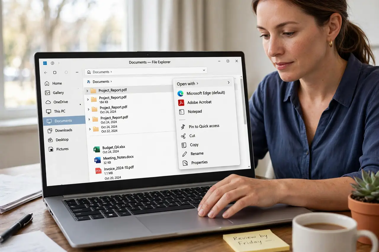 A calm adult right-clicking a PDF file in File Explorer, the Open with menu clearly visible on screen.