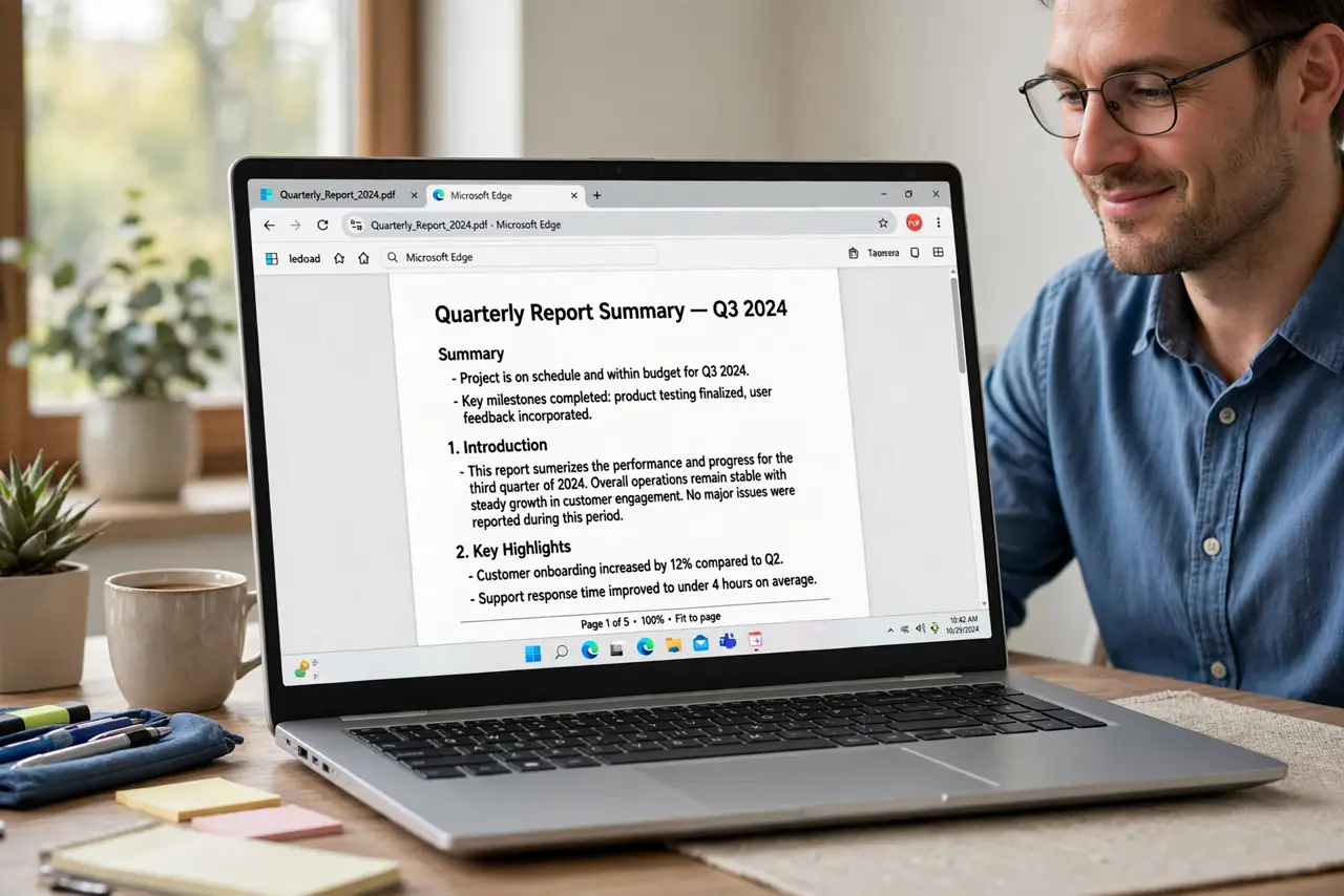 A calm adult at a desk reading a PDF document on a Windows laptop, the document clearly readable.