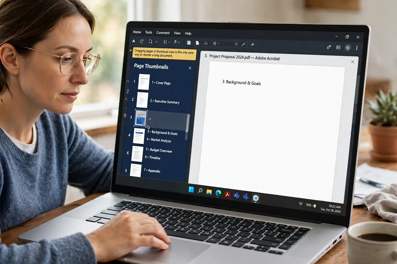 A person performing step 1 of the guide: Open the thumbnail view. Show the page thumbnails sidebar. Dragging pages in thumbnail view is the only sane way to reorder a long document.