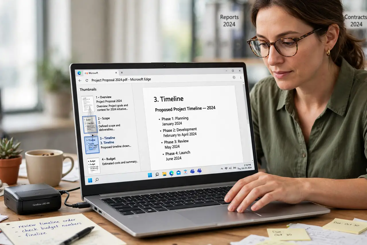 a calm adult at a desk with a real Windows laptop and a small scanner beside it, a PDF open showing page thumbnails with legible page numbers, the person dragging a thumbnail