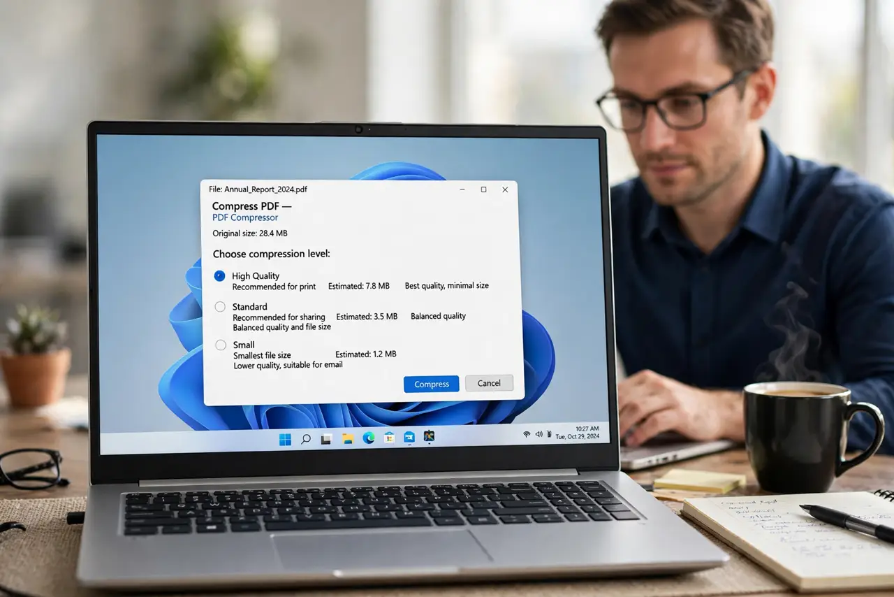 Shrink a PDF Without Ruining It — a calm professional compressing a large PDF on a real laptop, the compress dialog showing size options with fu