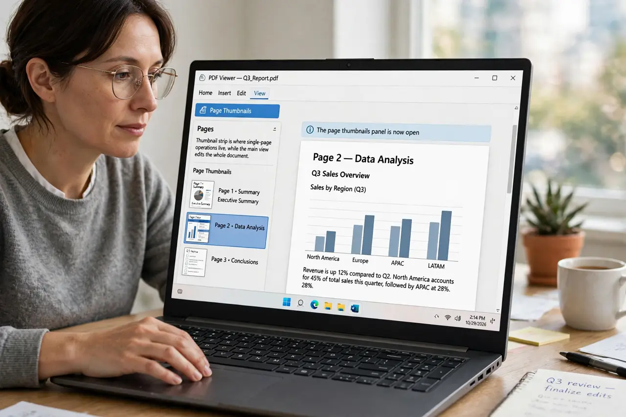 A person performing step 1 of the guide: Open the page thumbnail view. Show the sidebar with page thumbnails. The thumbnail strip is where single-page operations live, while the...