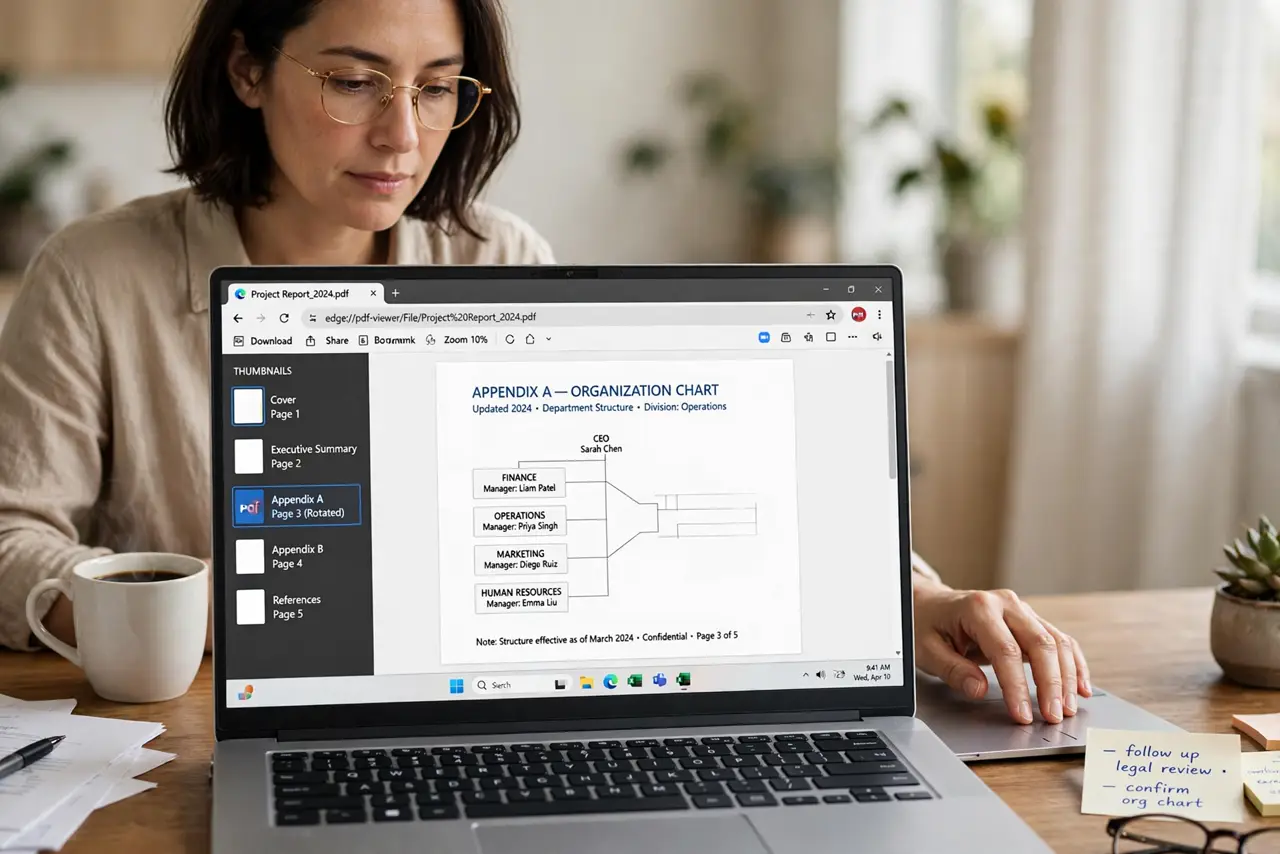 a calm adult at a desk with a real Windows laptop, a PDF open showing page thumbnails on the side with one sideways page visible and legible, the person selecting it
