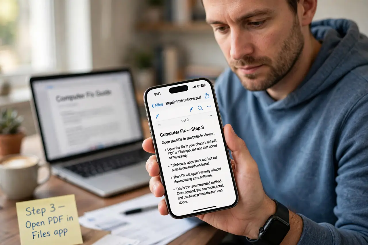 A person performing step 1 of the guide: Open the PDF in the built-in viewer. Open the file in your phone's default PDF or files app, the one that opens PDFs already....