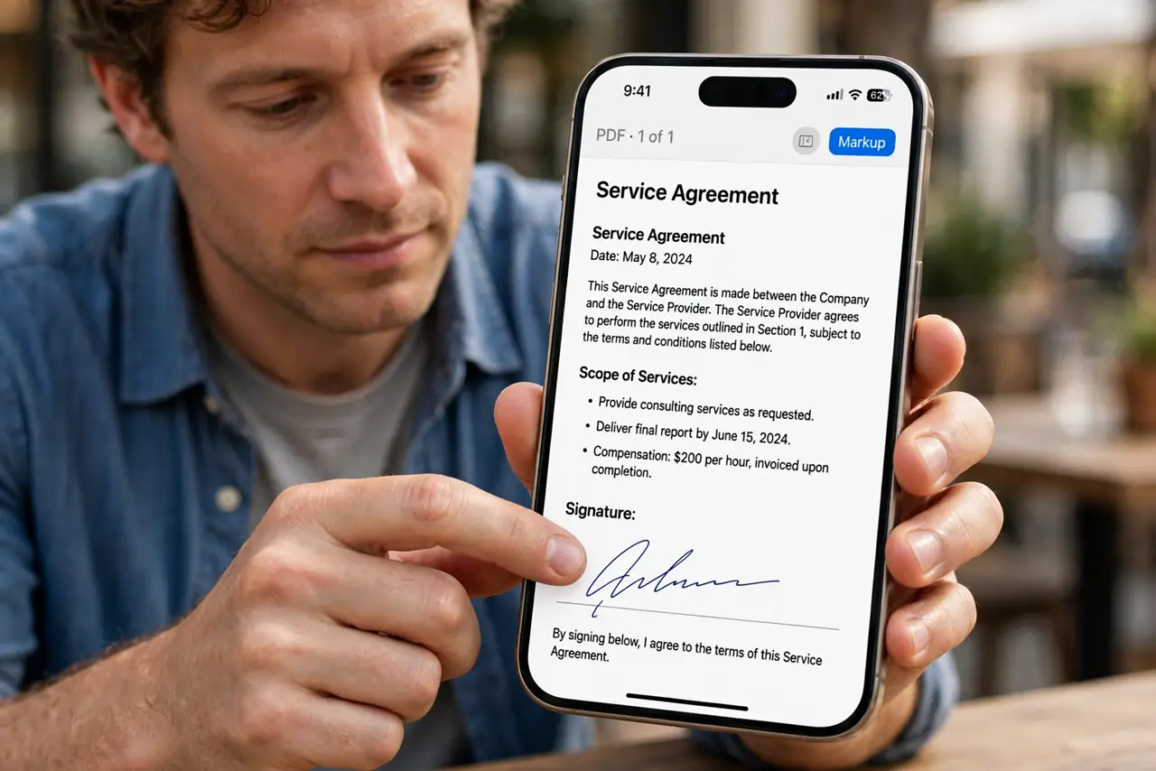 a calm adult holding a real iPhone showing a PDF document with a signature line and legible text, the person's finger placing a signature on the screen