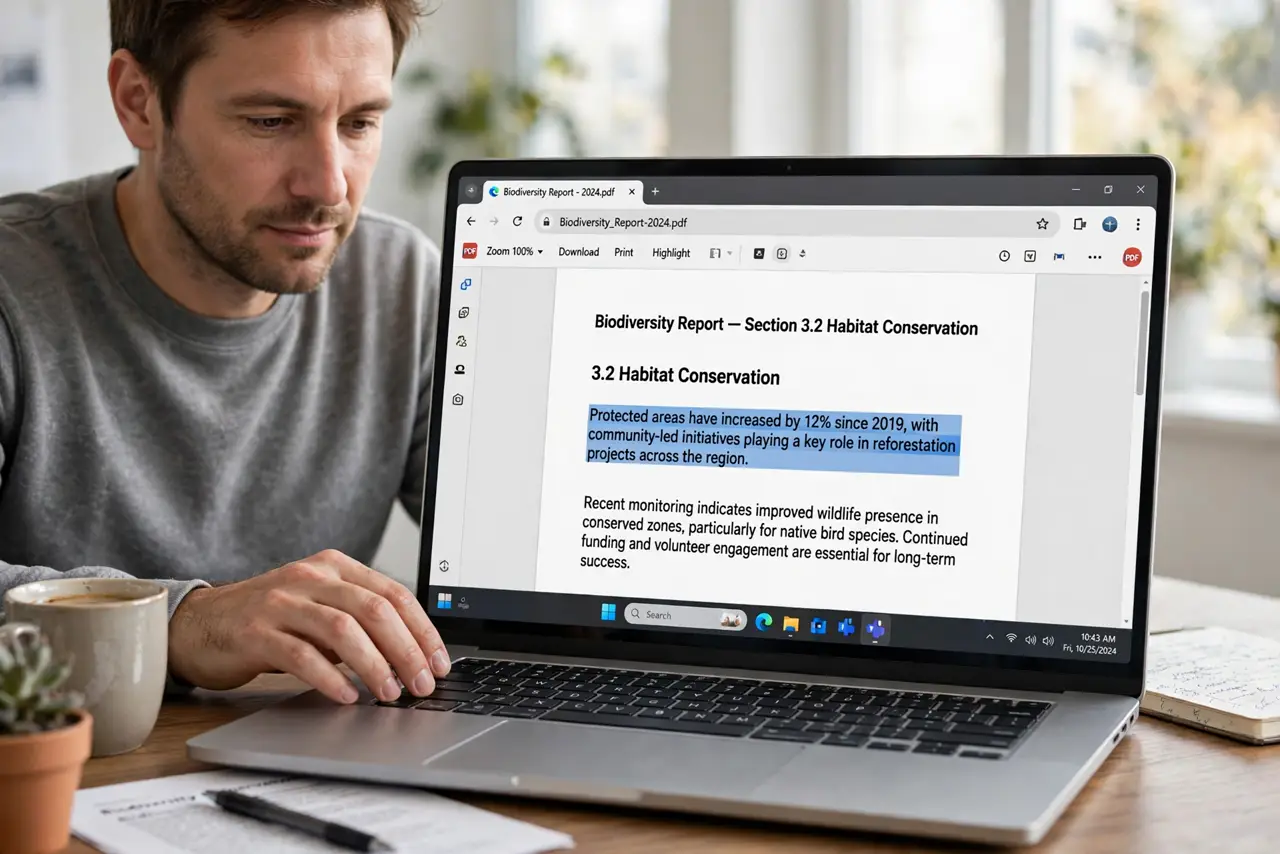 a calm adult at a desk with a real Windows laptop, a PDF open showing a normal scanned page with legible text, the person selecting text with the cursor