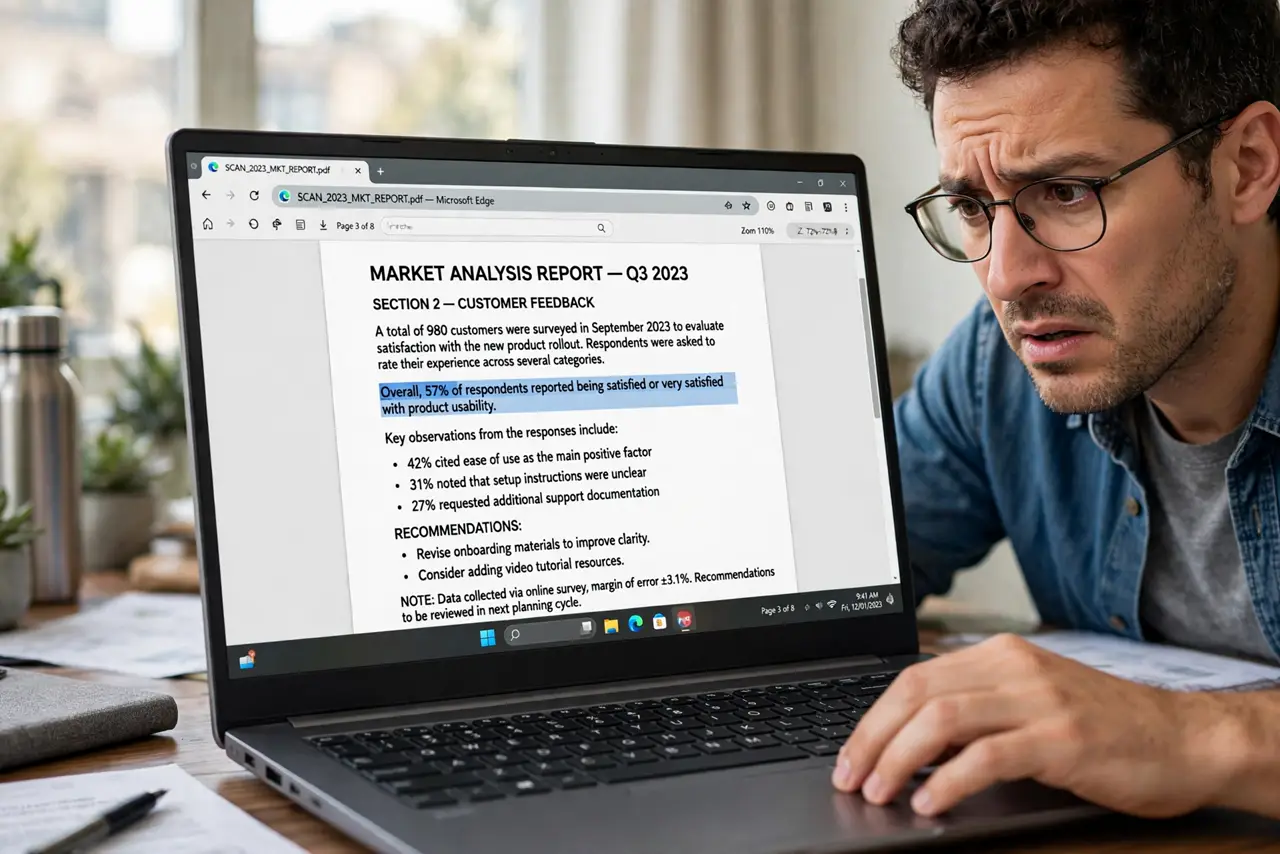 Can't Copy Text From a PDF — a puzzled adult trying to select text in a scanned PDF on a real laptop, the scanned page with fully legible p