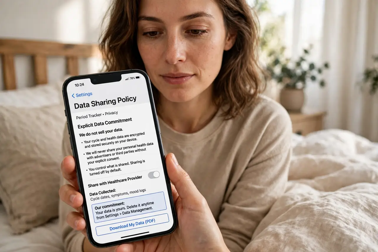 A person performing the first step: Check the data-sharing policy before trusting the app. Look for an explicit 'we do.