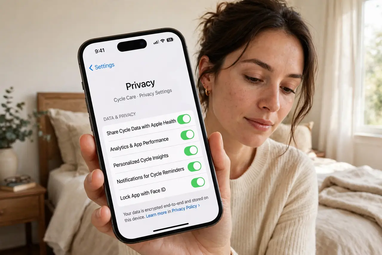 An adult holding a real phone showing a period tracking app's privacy settings with legible toggles, the person's face