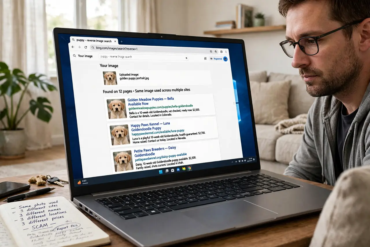 A person performing the first step: Reverse-image-search the photos. Save the pet photos and search them. Photos appearing on breeder sites under different.