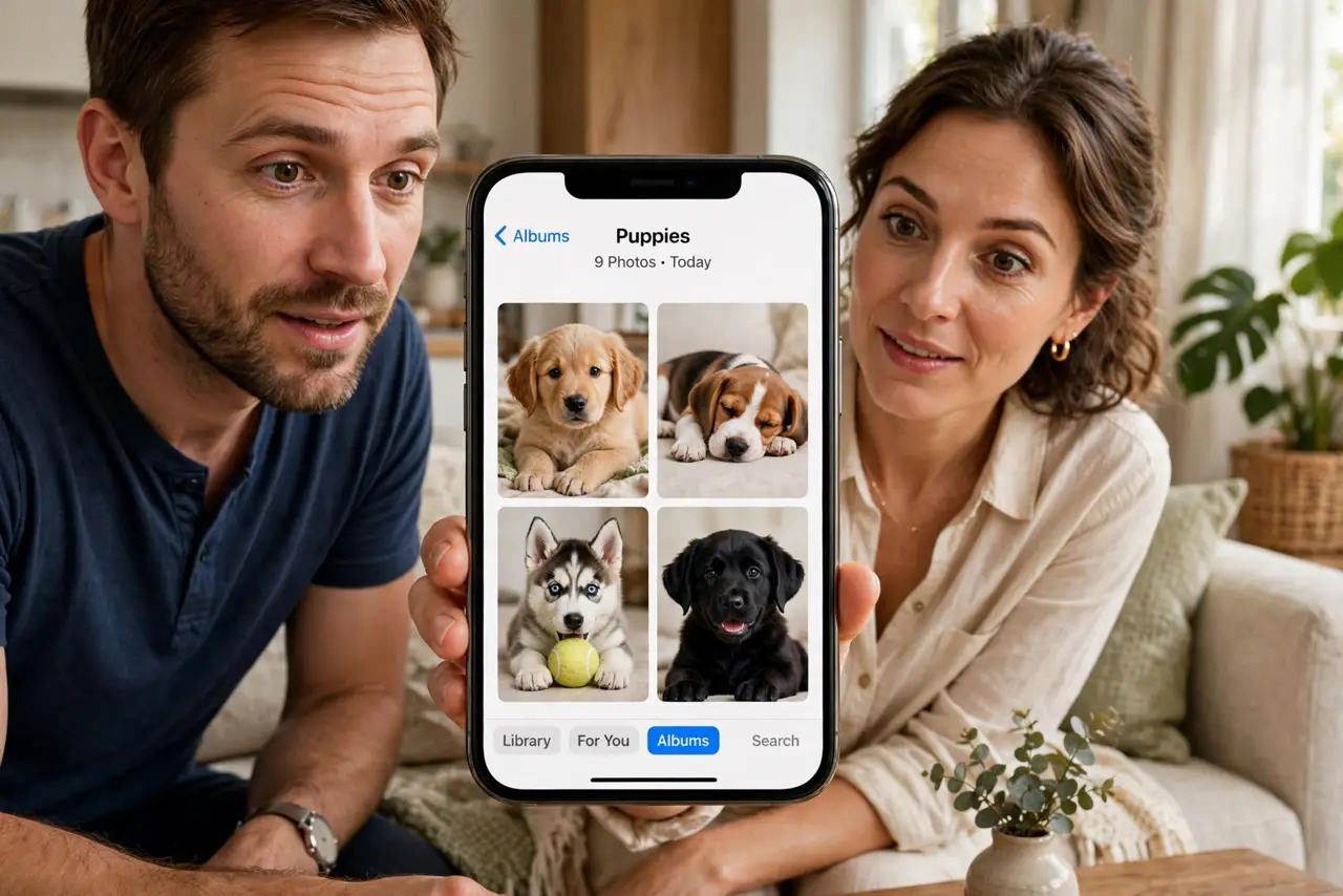 A hopeful family looking at a real phone showing adorable puppy photos fully legible, the parents' faces excited but cautious, living room.