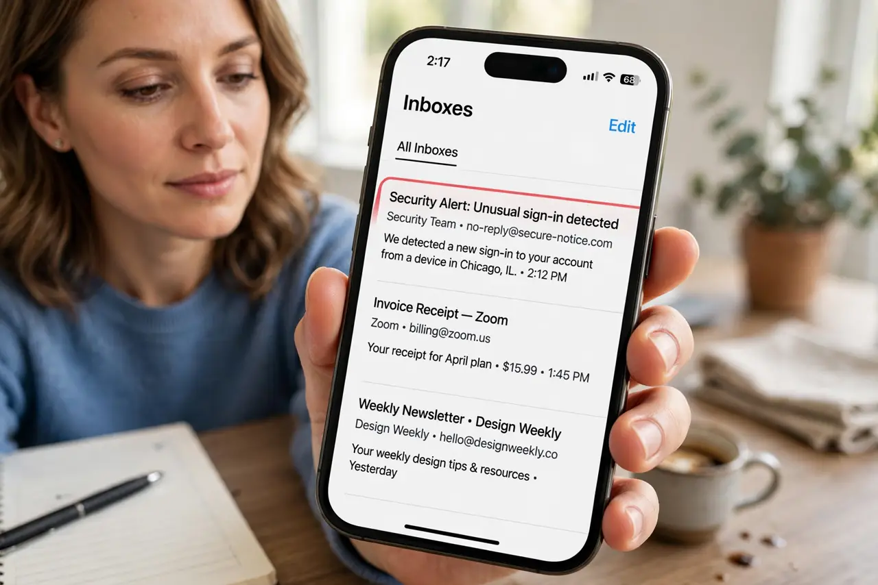 a calm adult at a desk with a real phone in hand showing an email inbox on the real screen, a suspicious message visible without revealing real account details.