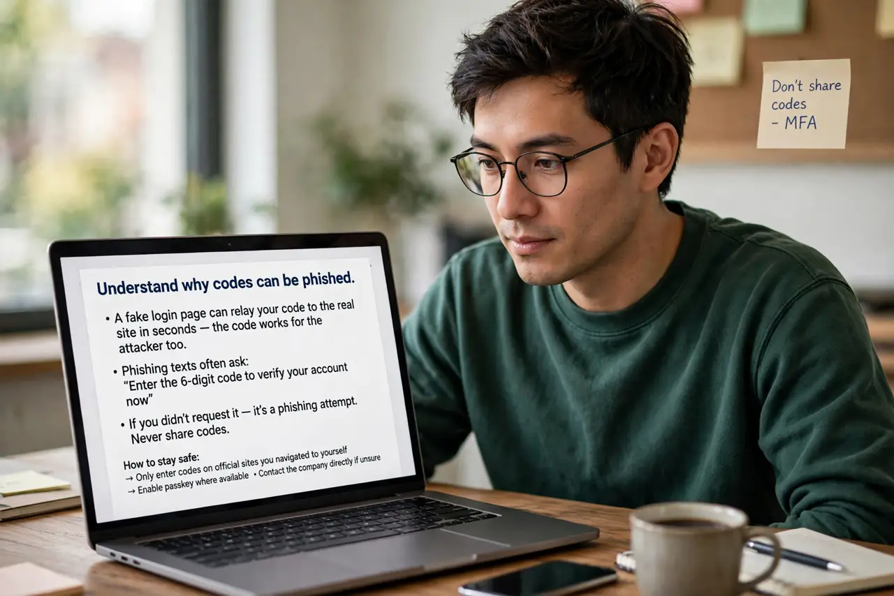 A person performing the first step of the guide: Understand why codes can be phished.