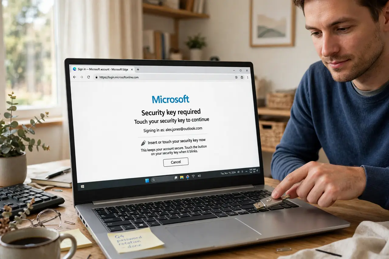 a person at a real desk tapping a real hardware security key plugged into a real laptop, the browser showing a legible login security prompt, the person's face confident, home office.