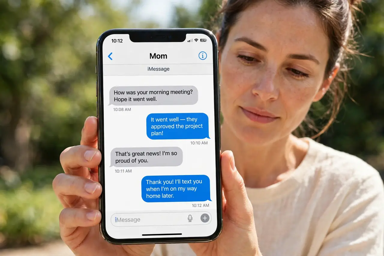 a calm adult holding a real phone showing a text message thread on the real screen, message text legible without revealing real codes. No black screen, no blank