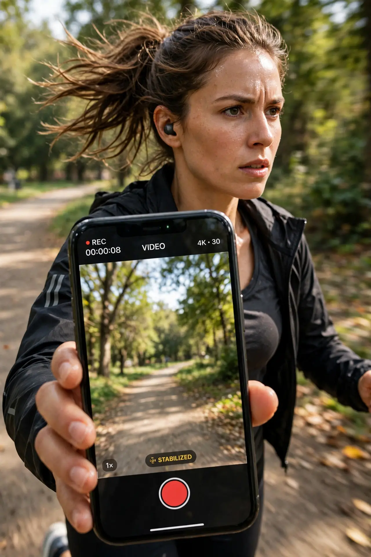 A person jogging while holding an iPhone recording video, the stabilized preview legible on screen, the person's face focused and active, park trail setting.